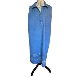 California Concepts Denim Sleeveless Dress Hem Floral L Vintage 90s Y2K Coastal
